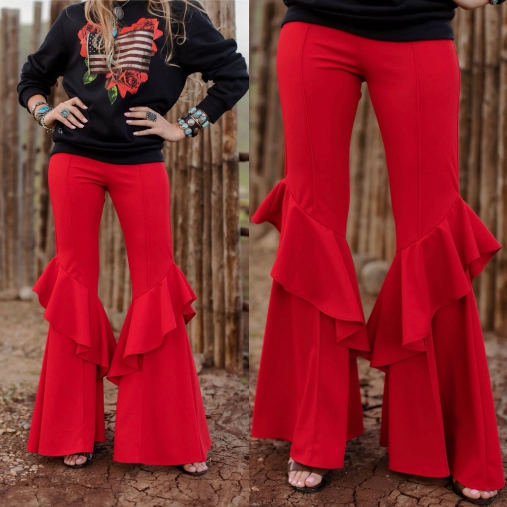 Red Ruffle Bell Bottom Flare Pants Western Boho